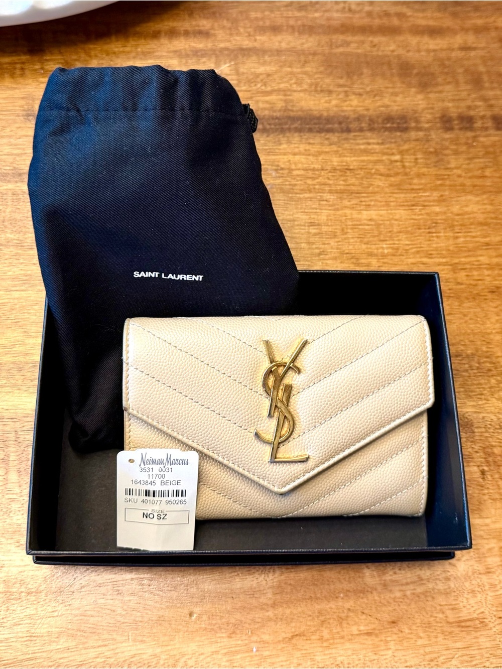 Saint Laurent Beige Leather Small Flap Wallet Gold YSL